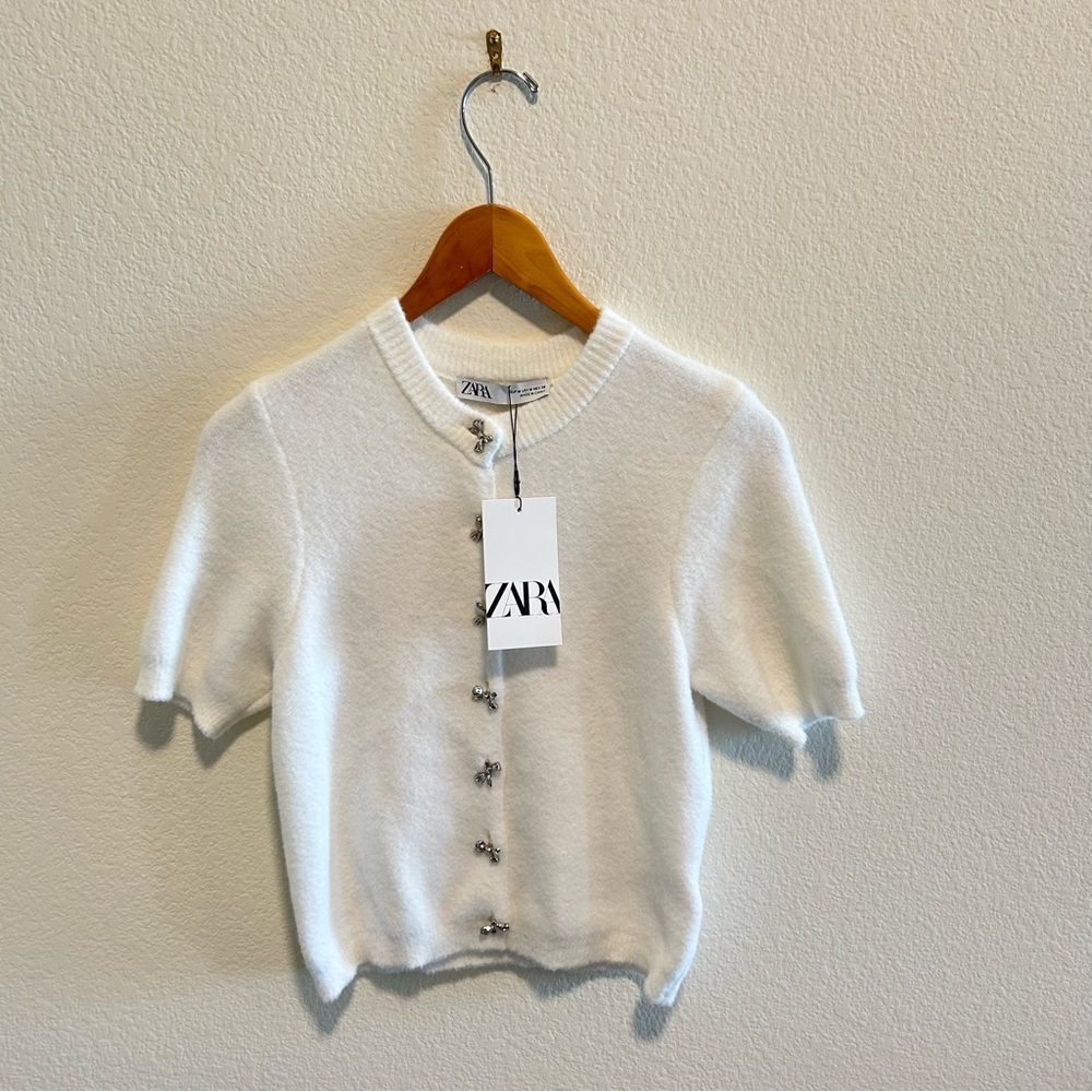 NWT Zara White Button-Up Women's short Sleeve Faux fur Cardigan sweater